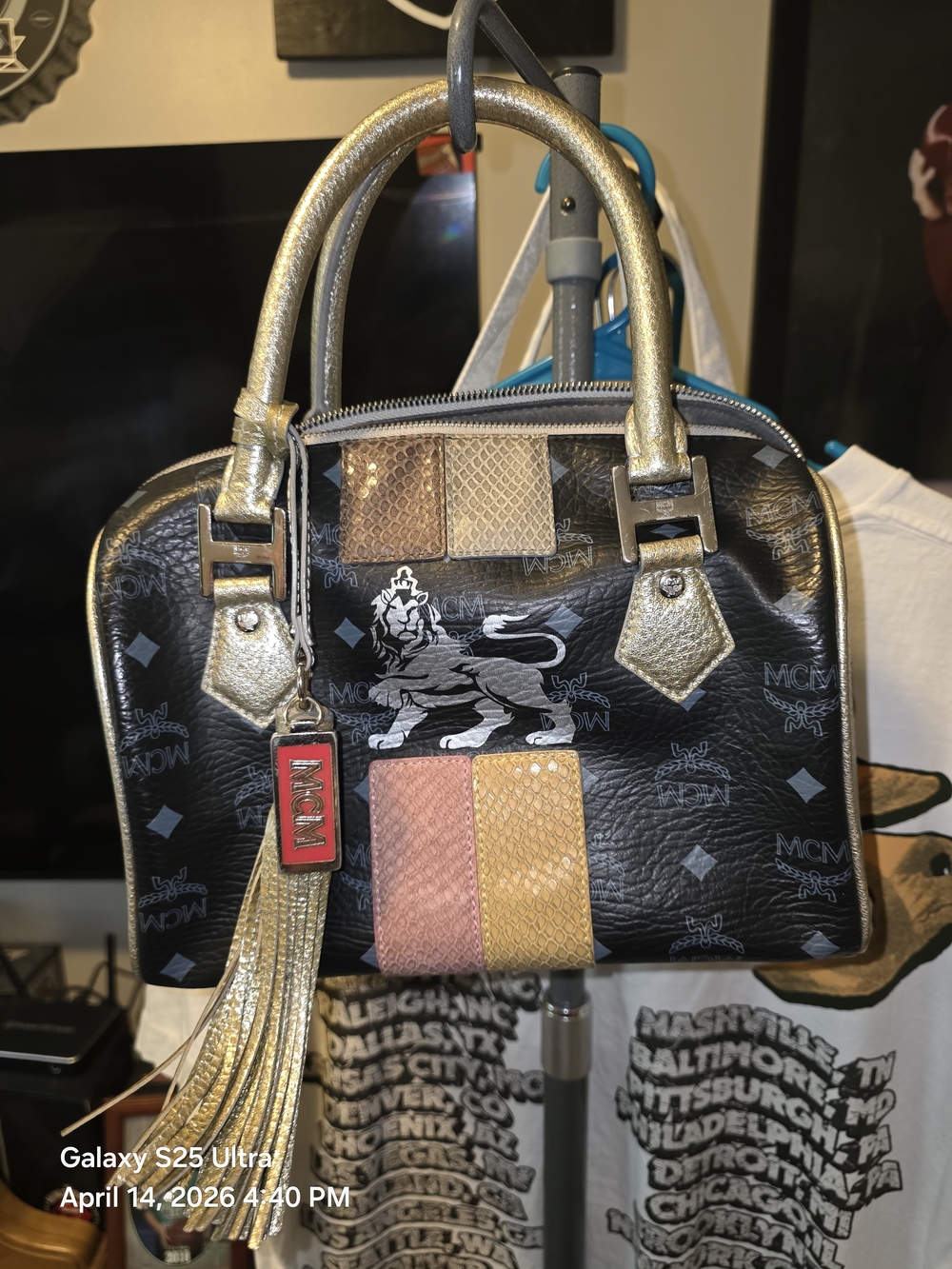 SOLD)))MCM Metallic Black Leather Small/Med Boston Bag W/ Gold and Pink Accents. - Picture 2 of 15